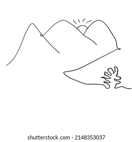 Continuous line drawing mountains with green trees and sunrise. Illustration icon vector