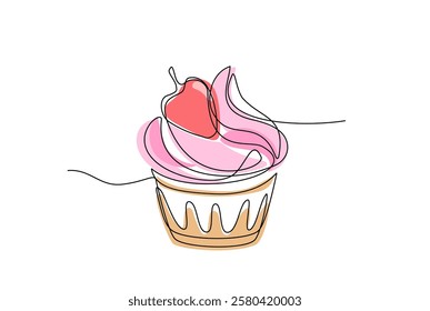 Continuous line drawing of Muffin cake with strawberry and colored shapes. One single line style drawing of cupcake. Sweet pastry. Hand drawn Doodle sketch concept editable stroke. Vector Illustration