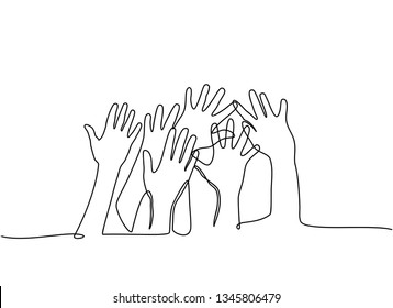 continuous line drawing. Multiethnic men and women raising hands isolated on white background