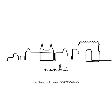 Continuous line drawing of Mumbai, India’s skyline. Minimalist vector illustration of architectural concepts.