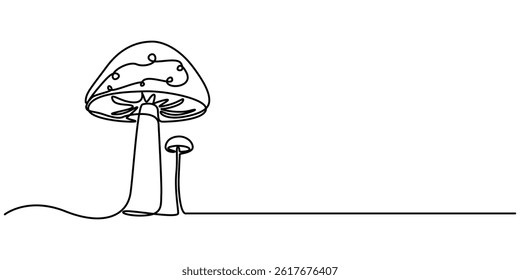 Continuous line drawing of Mushroom. One line Champignon vector background. Edible autumn harvest Nature food vector illustration. mushroom clean with delicious taste vegetable.

