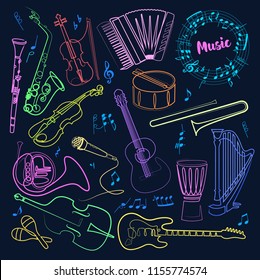 Continuous line drawing of Musical instruments linear vector icons set bright neon color on a dark background. Orchestra equipment. Isolated outline illustrations. Editable stroke