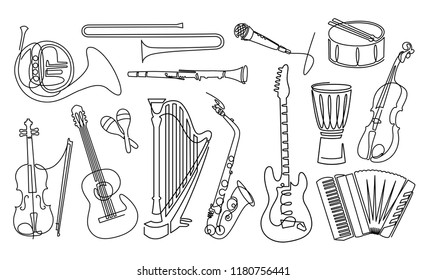 Continuous line drawing of Musical instruments linear icons set. Orchestra equipment. Stringed, wind, percussion instruments. Thin line contour symbols. Isolated vector outline illustrations.