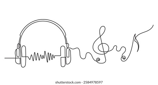 Continuous line drawing of musical notes headphones. listening to musical headphone vector illustrations. The design concept of music and podcasts, audio, sound, DJ, earphones, and radio hand drawn.