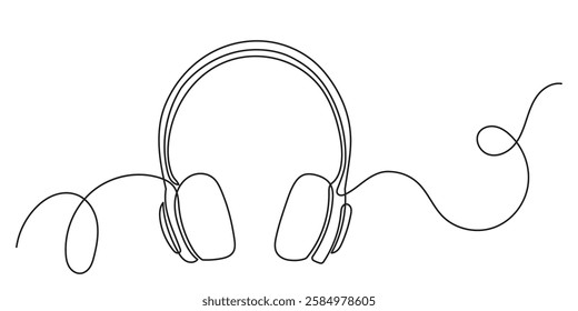 Continuous line drawing of musical notes headphones. listening to musical headphone vector illustrations. The design concept of music and podcasts, audio, sound, DJ, earphones, and radio hand drawn.