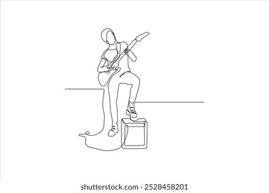 desenho de linha contínua de um músico tocando guitarra	