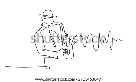 Continuous Line Drawing of a Musician Playing Saxophone, a symbol for a live festival or instrumental concert. Vector illustration jazz musician in action.