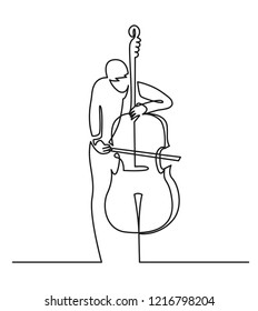 Continuous line drawing of musician plays double bass vector illustration isolated on white. Musical concept contrabass for decoration, design, invitation jazz festival, music shop.