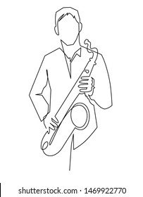 Continuous line drawing of musician plays saxophone vector illustration isolated on white. Musical concept sax player silhouette for decoration, sax design, invitation jazz festival, music shop.