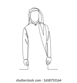 Continuous line drawing of muslim arabic man standing gesture. Single line art ramadan kareem and ied mubarak greeting card. Vector illustration.