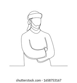Continuous line drawing of muslim arabic man standing gesture. Single line art ramadan kareem and ied mubarak greeting card. Vector illustration.