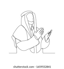 Continuous line drawing of muslim arabic man praying raise and open hand. Single line art of ramadan kareem and ied mubarak greeting card concept. Vector illustration