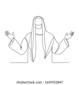Continuous line drawing of muslim arabic man praying raise and open hand. Single line art of ramadan kareem and ied mubarak greeting card concept. Vector illustration