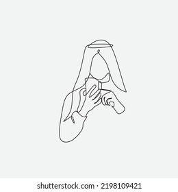Kontinuierliche Zeichnung der muslim arabischen Mann stehende Geste. Einzeilige Kunst ramadan Kareem und Grab Mubarak Grußkarte. Vektorgrafik.