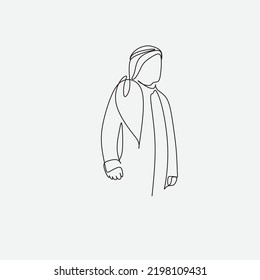 Continuous line drawing of muslim arabic man standing gesture. Single line art ramadan kareem and ied mubarak greeting card. Vector illustration.