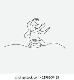 Continuous line drawing of muslim arabic man standing gesture. Single line art ramadan kareem and ied mubarak greeting card. Vector illustration.