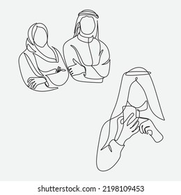 Continuous line drawing of muslim arabic man standing gesture. Single line art ramadan kareem and ied mubarak greeting card. Vector illustration.