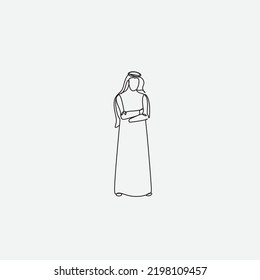 Continuous line drawing of muslim arabic man standing gesture. Single line art ramadan kareem and ied mubarak greeting card. Vector illustration.