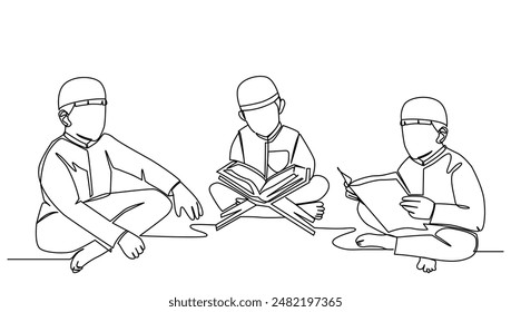 continuous line drawing of a Muslim boy reciting the Quran at a mosque, for a Ramadan holiday vector illustration.	