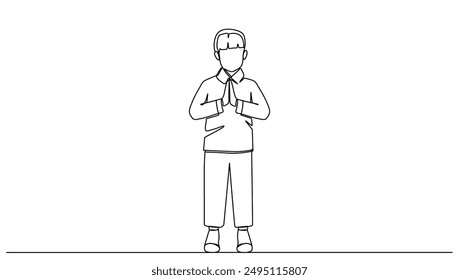 dibujo en línea continua de un gesto de niño musulmán celebrando Ramadán y Eid al-Fitr , como ilustración del Vector de la festividad de Ramadán