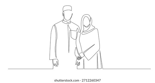 Dibujo de línea continuo de una pareja musulmana de pie uno al lado del otro con ropa tradicional modesta, agarrándose suavemente de la mano. Ilustración de una sola línea que simboliza la fe, la armonía y la unión.