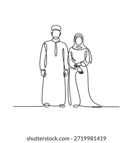 Dibujo de línea continua de una pareja musulmana tomada de la mano con ropa tradicional