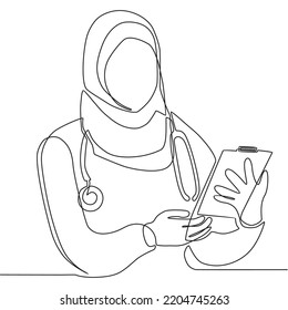 Continuous Line Drawing Of A Muslim Female Doctor