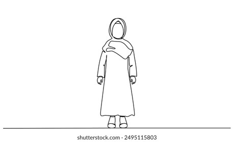 continuous line drawing of a Muslim girl with hijab standing, for illustration of Ramadan holiday vector