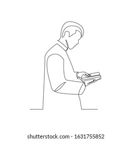 Continuous line drawing of muslim man read quran can use for ramadan and ied mubarak. Vector illustration.