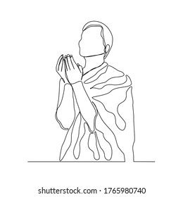 Continuous line drawing of muslim man praying in hajj ihram uniform. One line art concept of islamic. Vector illustration