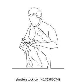 Continuous line drawing of muslim man praying in hajj ihram uniform. One line art concept of islamic. Vector illustration