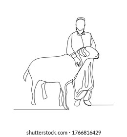 Dibujo continuo de un musulmán con cabra, oveja, cordero para el sacrificio islámico. Ilustración del vector