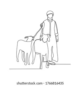 Continuous line drawing of muslim man with goat, sheep, lamb for islamic sacrifice event . Vector illustration