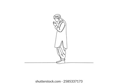 A continuous line drawing of a Muslim Man praying