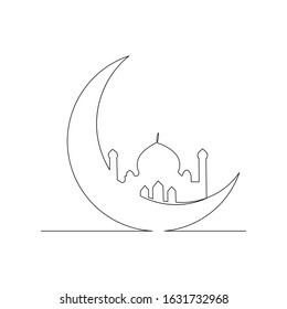 Continuous line drawing of muslim mosque and moon can use for ramadan and ied mubarak event. Vector illustration. 