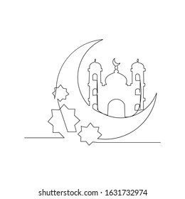 Continuous line drawing of muslim mosque and moon can use for ramadan and ied mubarak event. Vector illustration. 