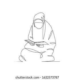 Continuous Line Drawing Of Muslim Woman In Hijab Read Quran. Vector Illustration.