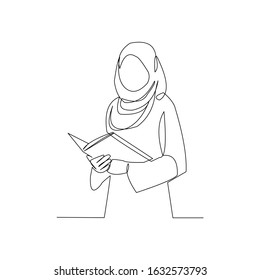 Continuous Line Drawing Of Muslim Woman In Hijab Read Quran. Vector Illustration.