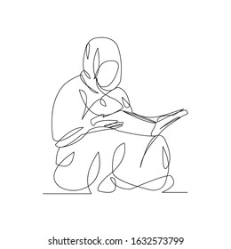 Continuous line drawing of muslim woman in hijab read quran. Vector illustration.