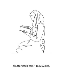 Continuous line drawing of muslim woman in hijab read quran. Vector illustration.