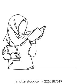 Continuous Line Drawing Of Line Muslim Woman Learning Standing Woman Reading Book. Hand Drawn Single Line Vector Illustration