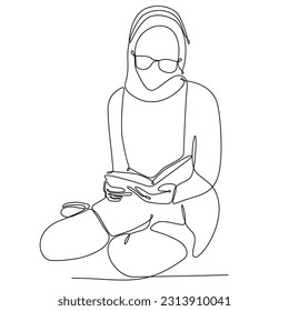 Continuous line drawing of muslim woman in hijab read quran. Vector illustration.