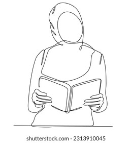 Continuous line drawing of muslim woman in hijab read quran. Vector illustration.