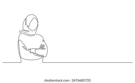 continuous line drawing of Muslim woman folding hands.single line drawing of woman in Muslim dress folding hands.one line vector illustration.isolated white background