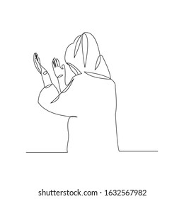 Continuous line drawing of muslim women pray and raise hand in hijab. Vector illustration.