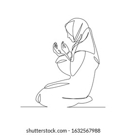 Continuous line drawing of muslim women pray and raise hand in hijab. Vector illustration.