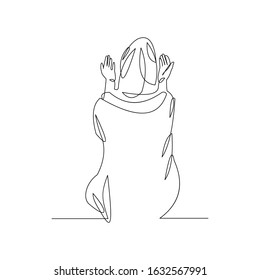 Continuous Line Drawing Of Muslim Women Pray And Raise Hand In Hijab. Vector Illustration.