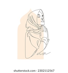 Continuous line drawing of Muslim Women pray and raise hand in hijab. Vector illustration.