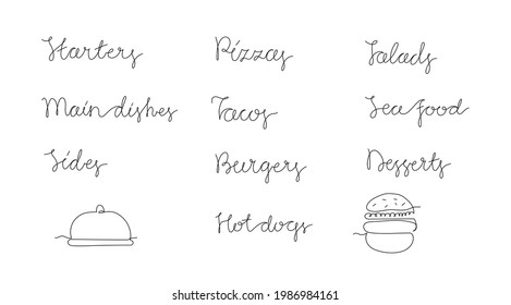 Continuous line drawing names of types of food. With illustrations of a burger and a serving plate. Minimalist vector lettering isolated on white background for menu.