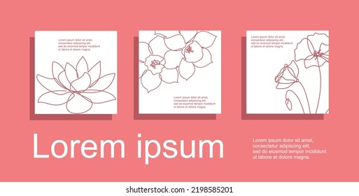 Dibujo continuo de flor narcisa, flores de amapola y flor Lotus. Resumen flora mínima